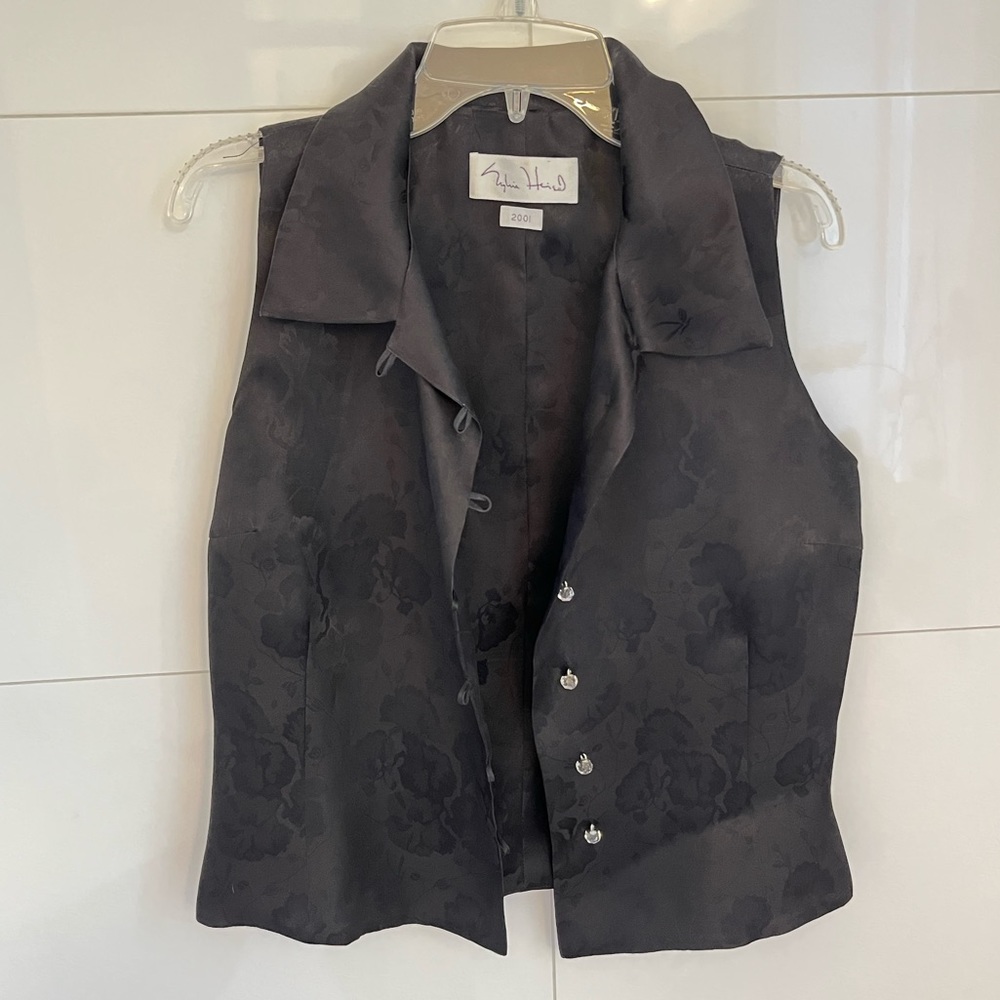 Sylvia Heisel Silk Collard Black Printed Top with Crystal Buttons